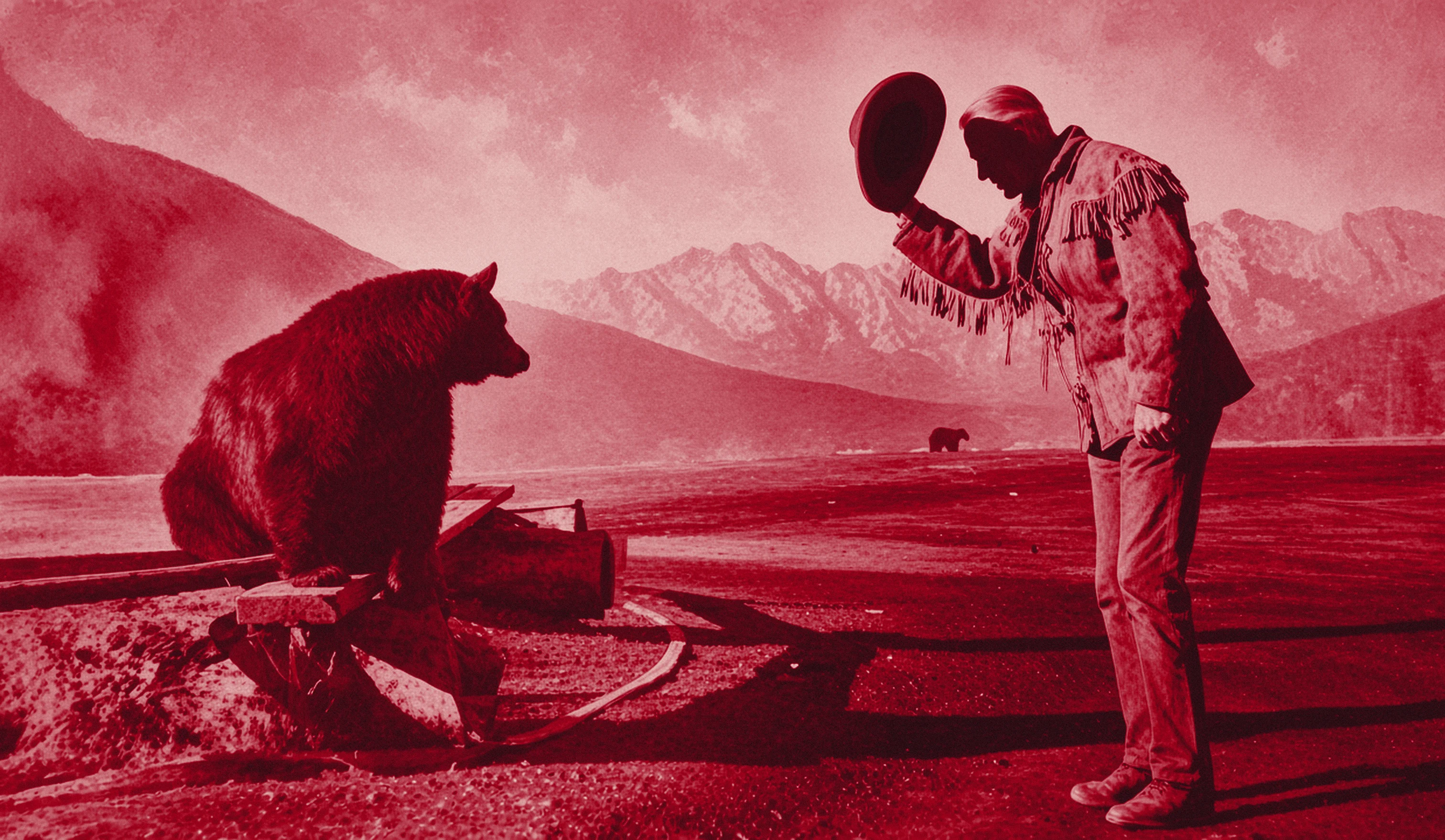 Oxblood duotone illustration: a man in a fringed buckskin jacket, face in shadow, tips his hat to a black bear near Banff