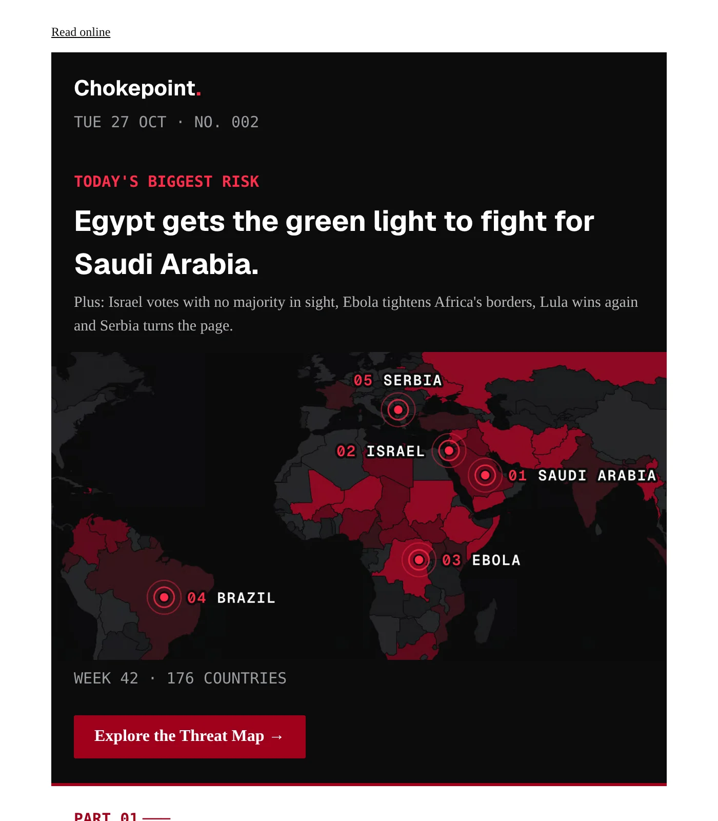 The issue masthead: today's biggest risk over a map of the five hotspots