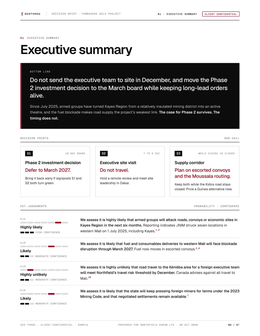 Sample report page 3: Bottom line, decision points and key judgements