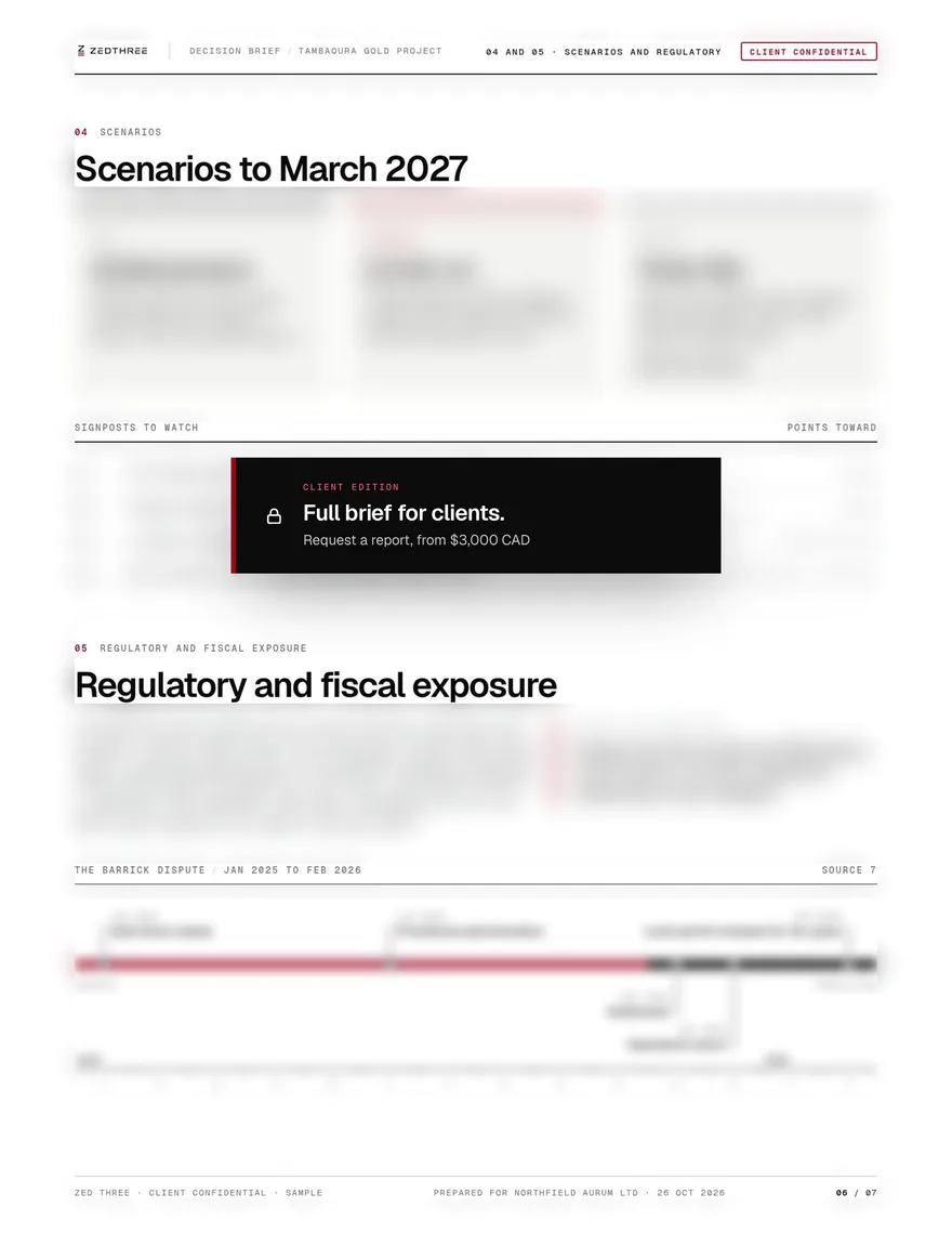 Sample report page 6: Scenarios, signposts and regulatory exposure (blurred preview, full brief for clients)