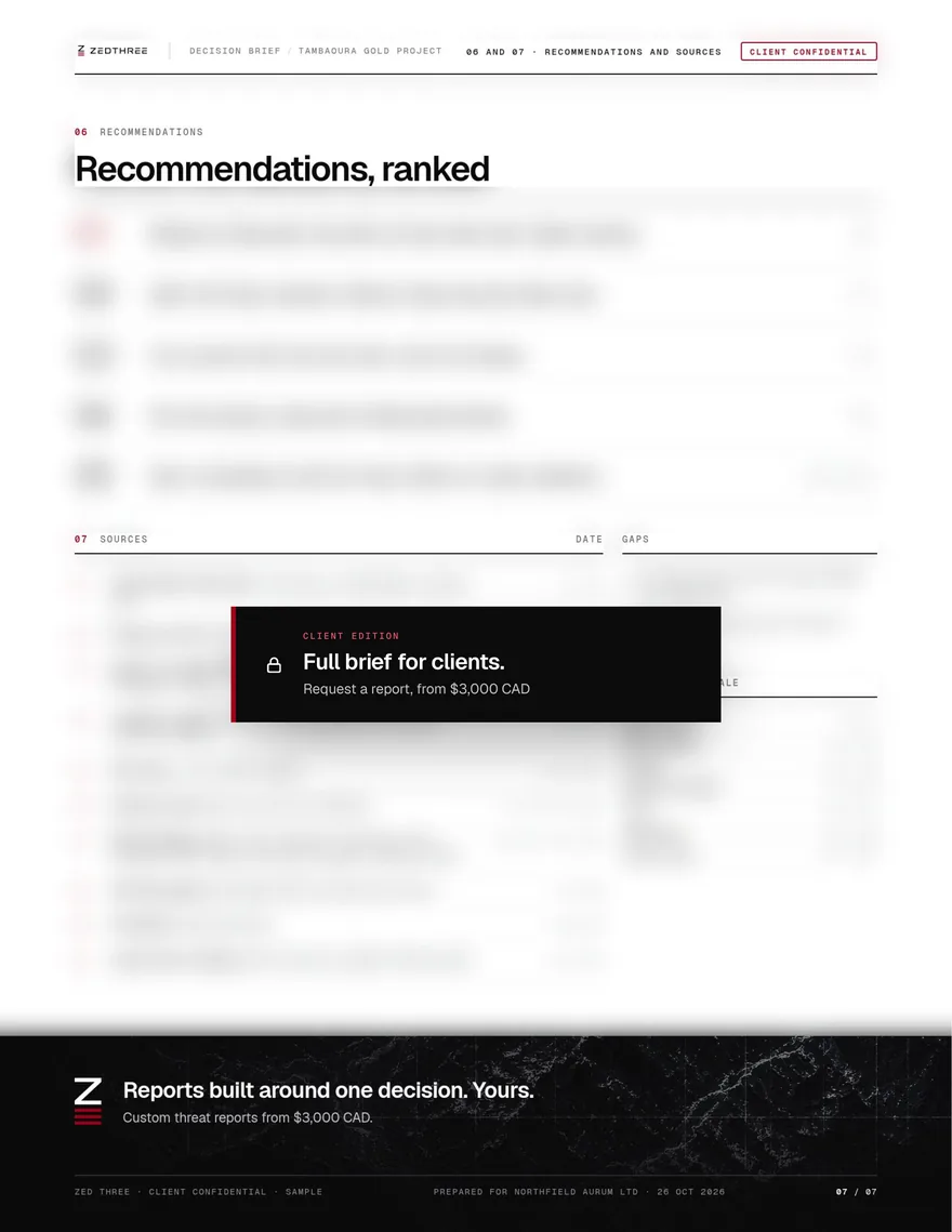 Sample report page 7: Ranked recommendations, sources and gaps (blurred preview, full brief for clients)